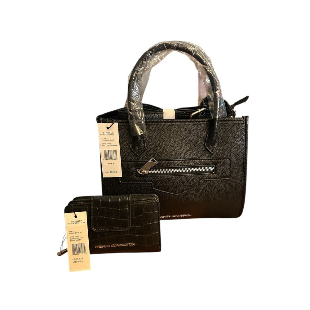 French Connection Black Fritz Square Satchel Crossbody Purse Emmy Croco Wallet